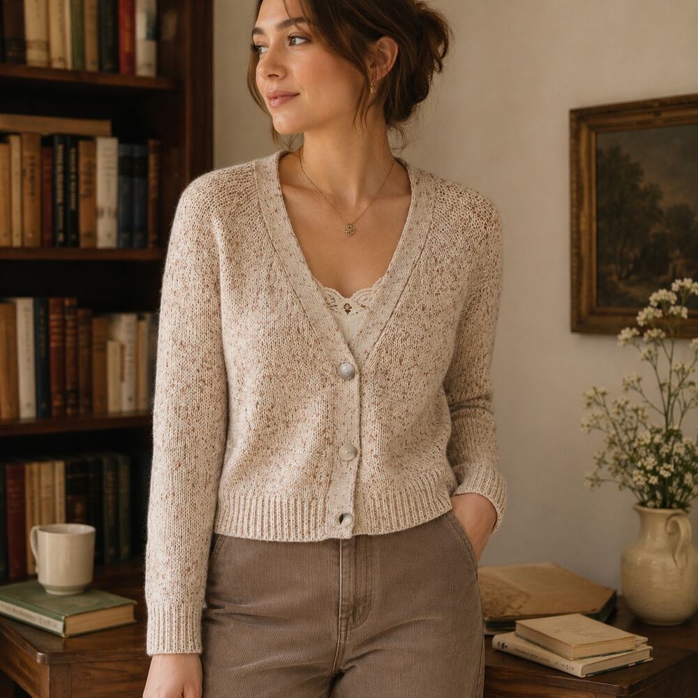 Loft Sz M Cream Tan Marled Chunky Knit Cardigan Boxy Fit Preppy Granny Sweater